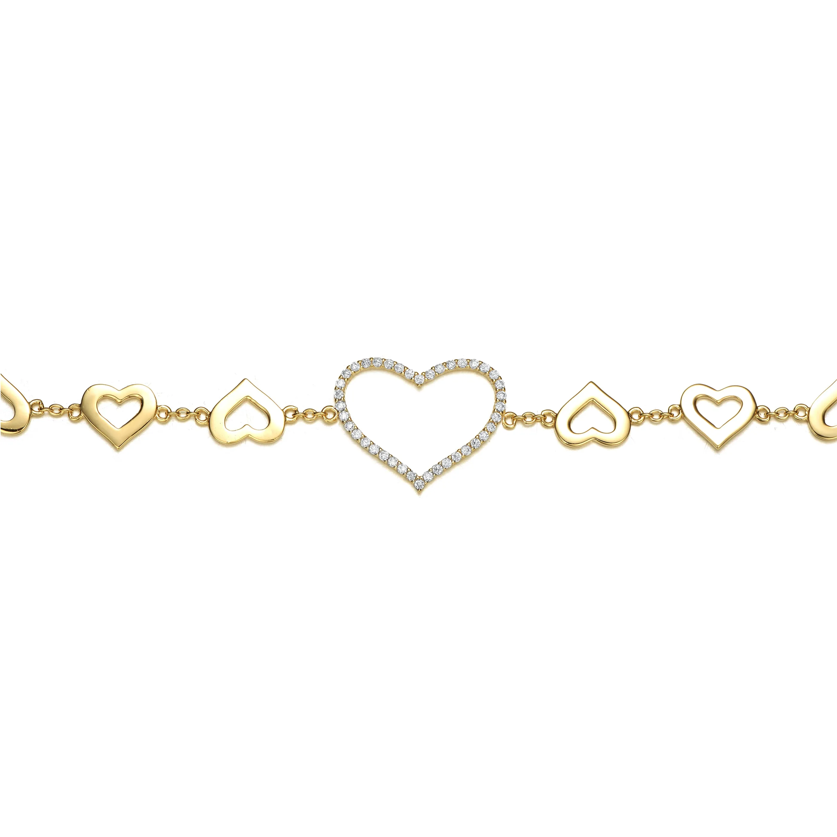 14k Gold Plated with DIamond Cubic Zirconia Heart Halo Charm Kids/Teens Bracelet in Sterling Silver