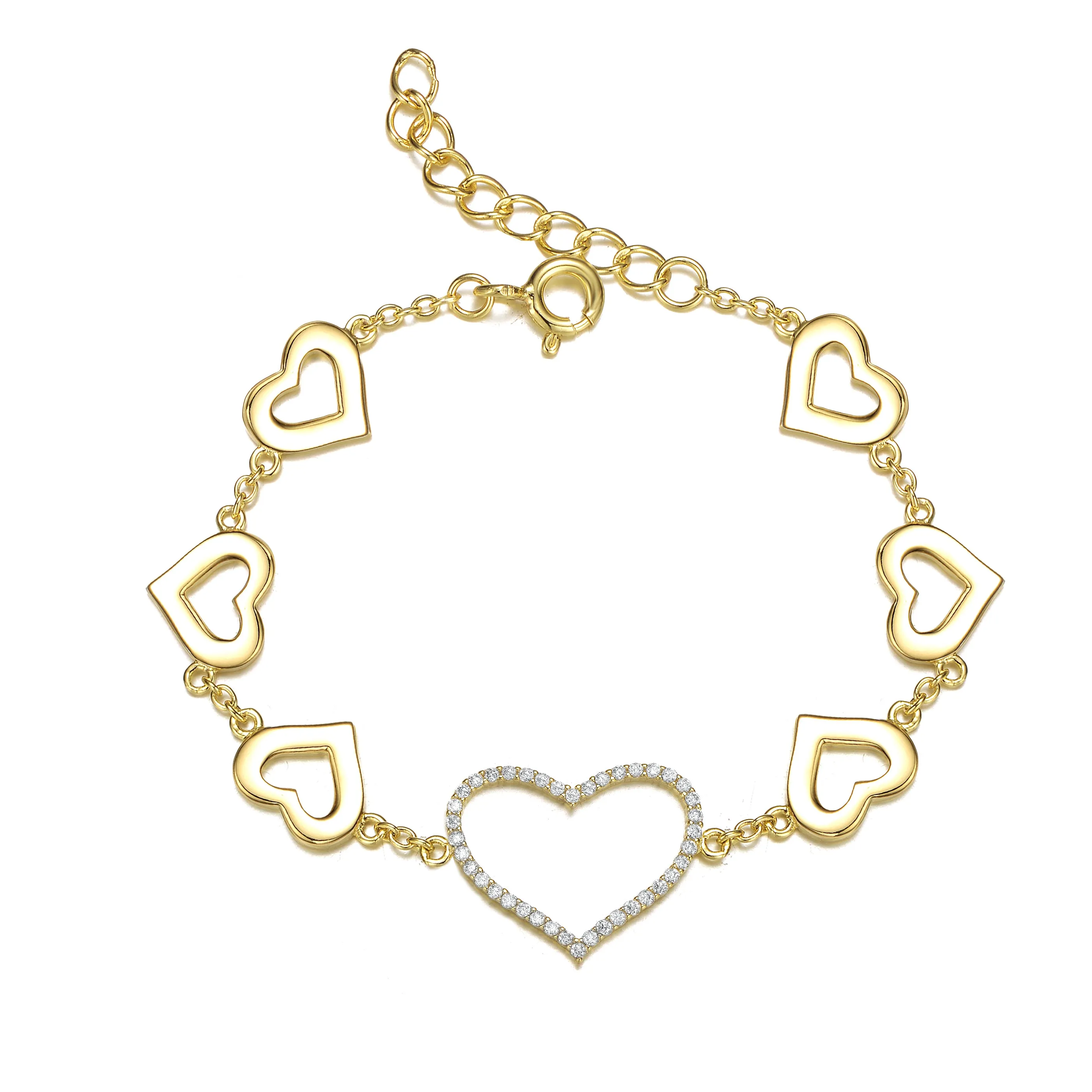 14k Gold Plated with DIamond Cubic Zirconia Heart Halo Charm Kids/Teens Bracelet in Sterling Silver