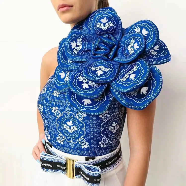 3D Flower One Shoulder Printed One Piece Swimsuit and Skirt Gloria Lanvin