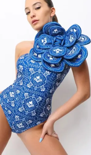3D Flower One Shoulder Printed One Piece Swimsuit and Skirt Gloria Lanvin