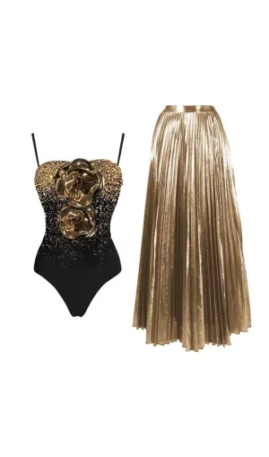 3D Flower Shiny Printed One Shoulder One Piece Swimsuit and Skirt Gloria Lanvin