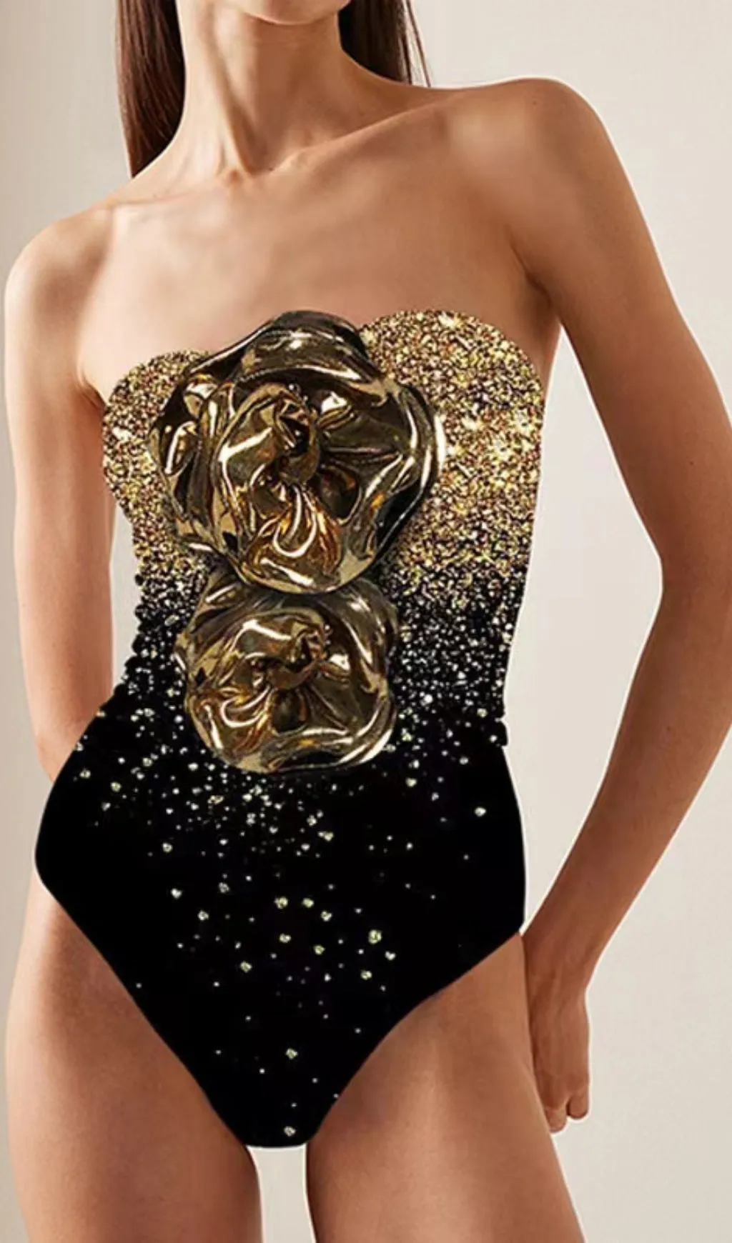 3D Flower Shiny Printed One Shoulder One Piece Swimsuit and Skirt Gloria Lanvin