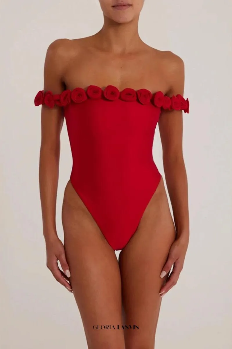 3d flower strapless bodysuit in red Gloria Lanvin