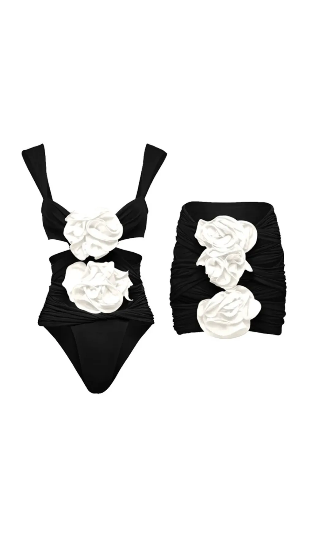 BLACK 3D FLOWER ONE PIECE SWIMSUIT AND SKIRT Gloria Lanvin