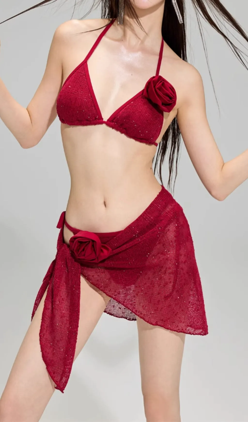 Darina Red Flower Sequin Three-Piece Swimsuit Gloria Lanvin