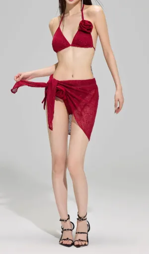 Darina Red Flower Sequin Three-Piece Swimsuit Gloria Lanvin