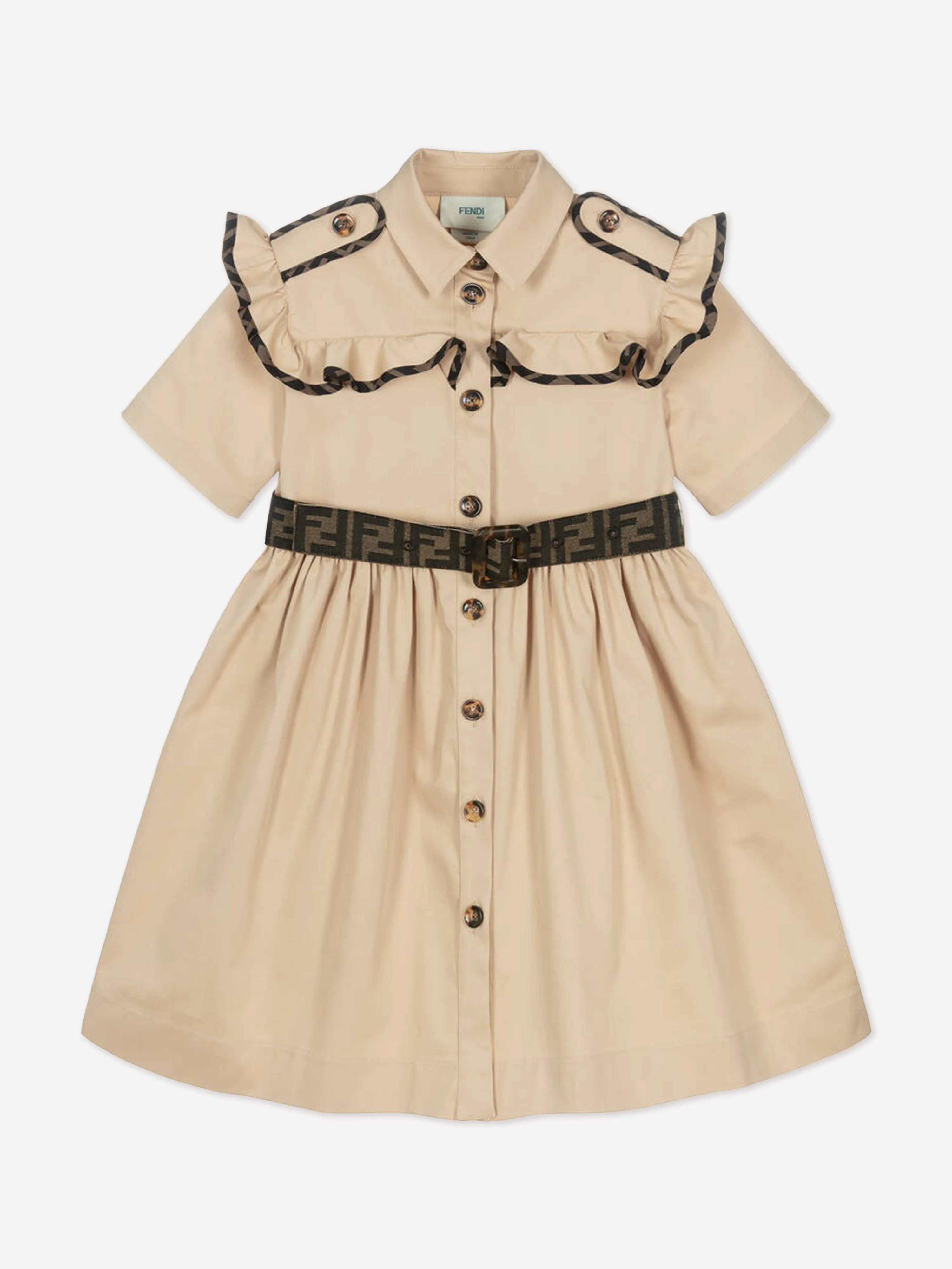 Girls Stretch Gabardine Shirt Dress in Beige