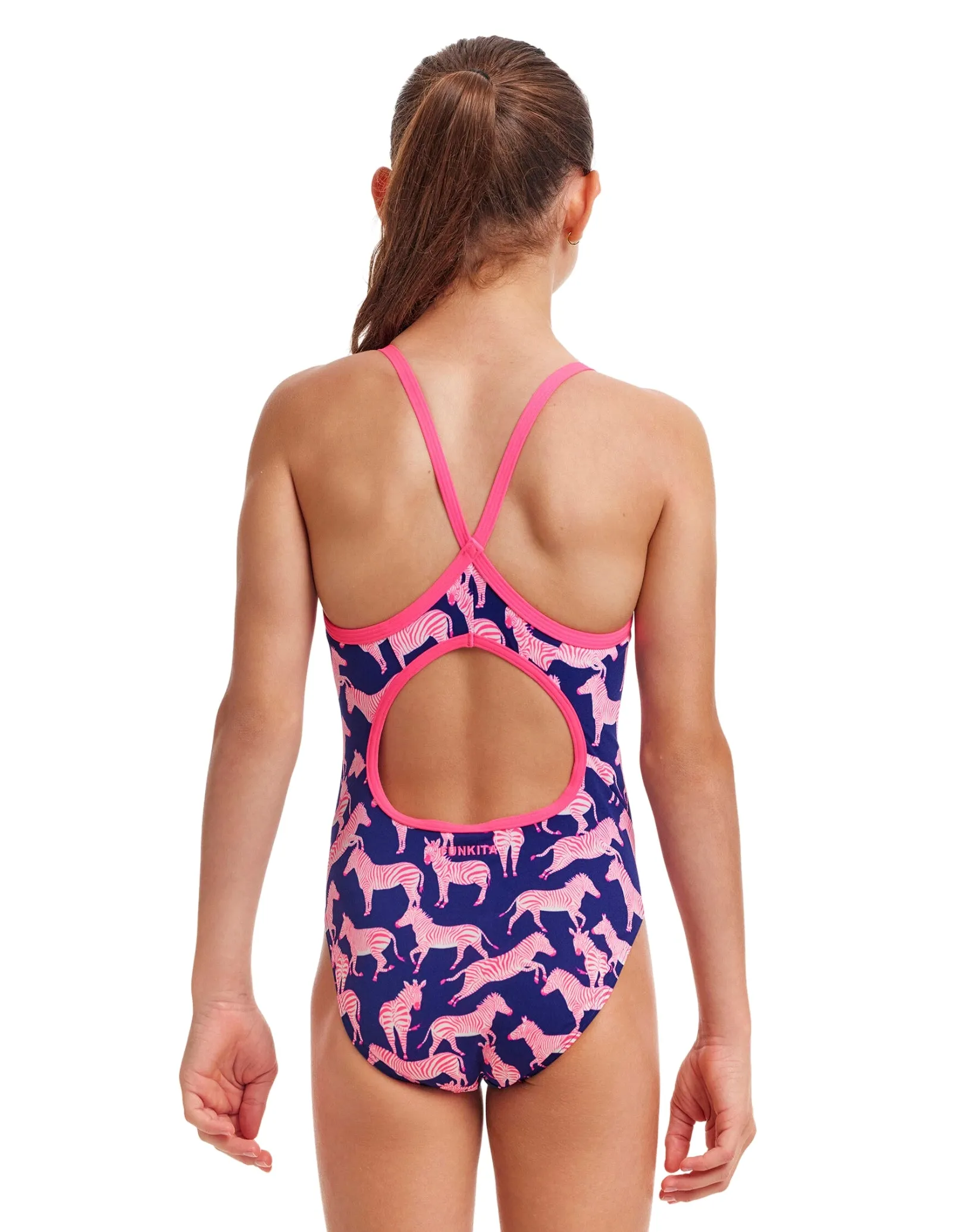 Girls Sweet Stripes Diamond Back Swimsuit - Navy/Pink