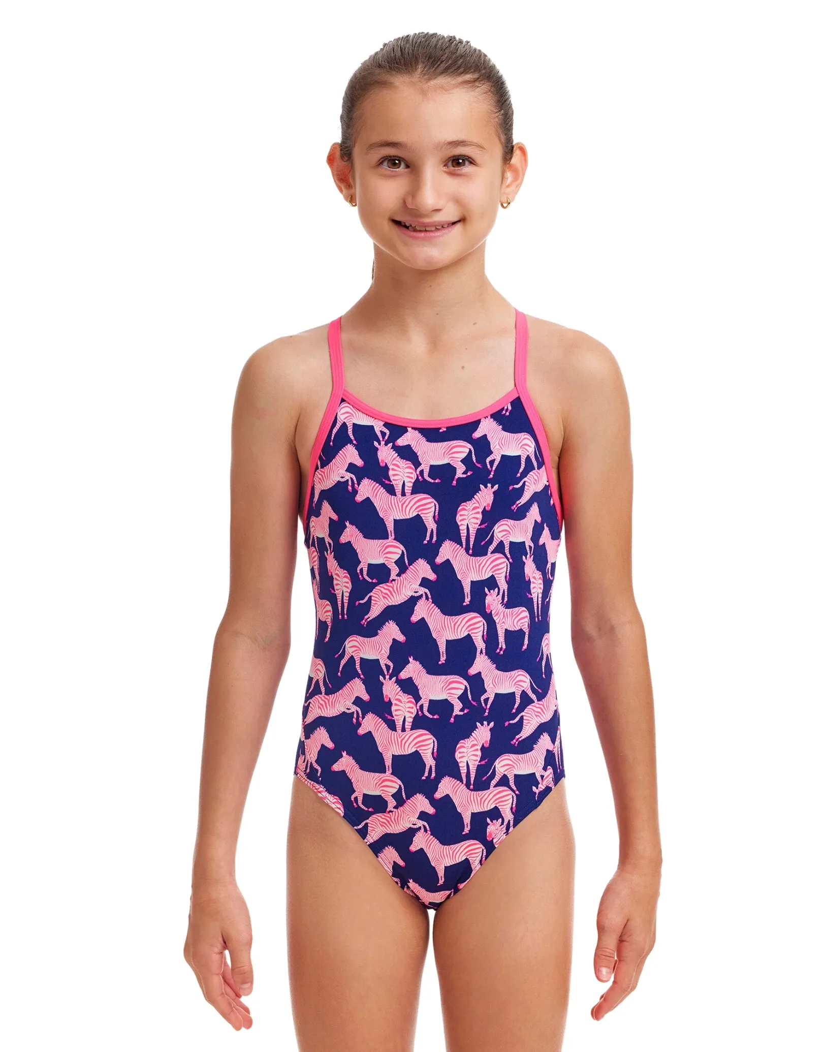 Girls Sweet Stripes Diamond Back Swimsuit - Navy/Pink