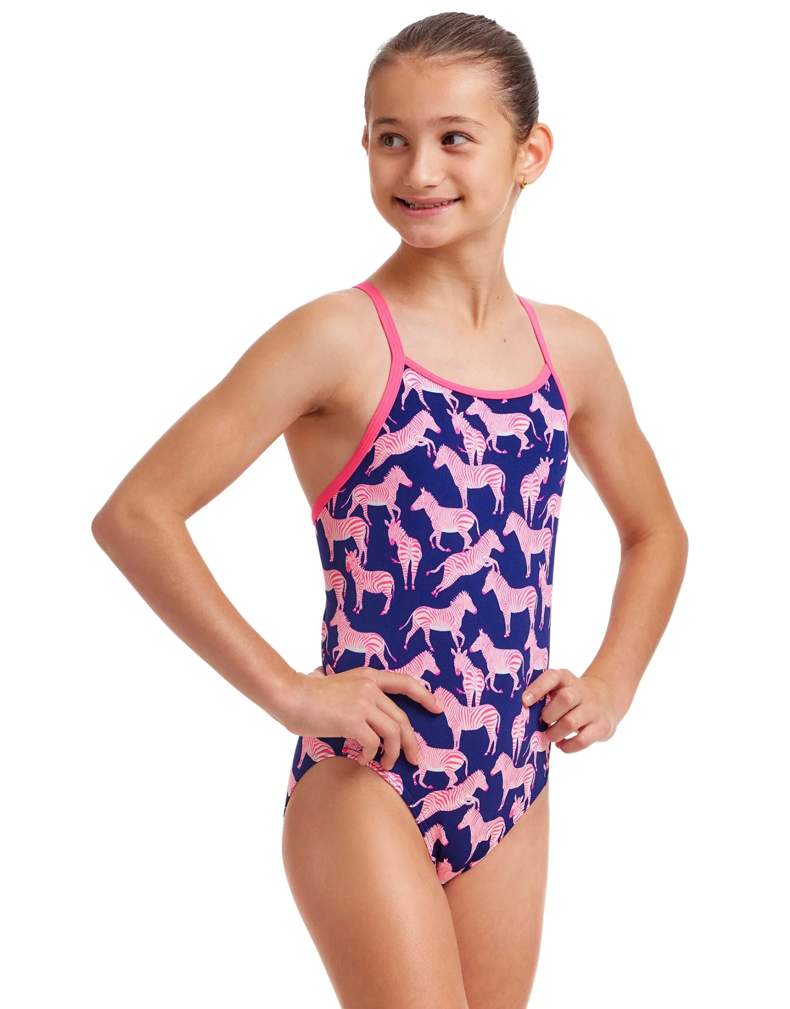 Girls Sweet Stripes Diamond Back Swimsuit - Navy/Pink