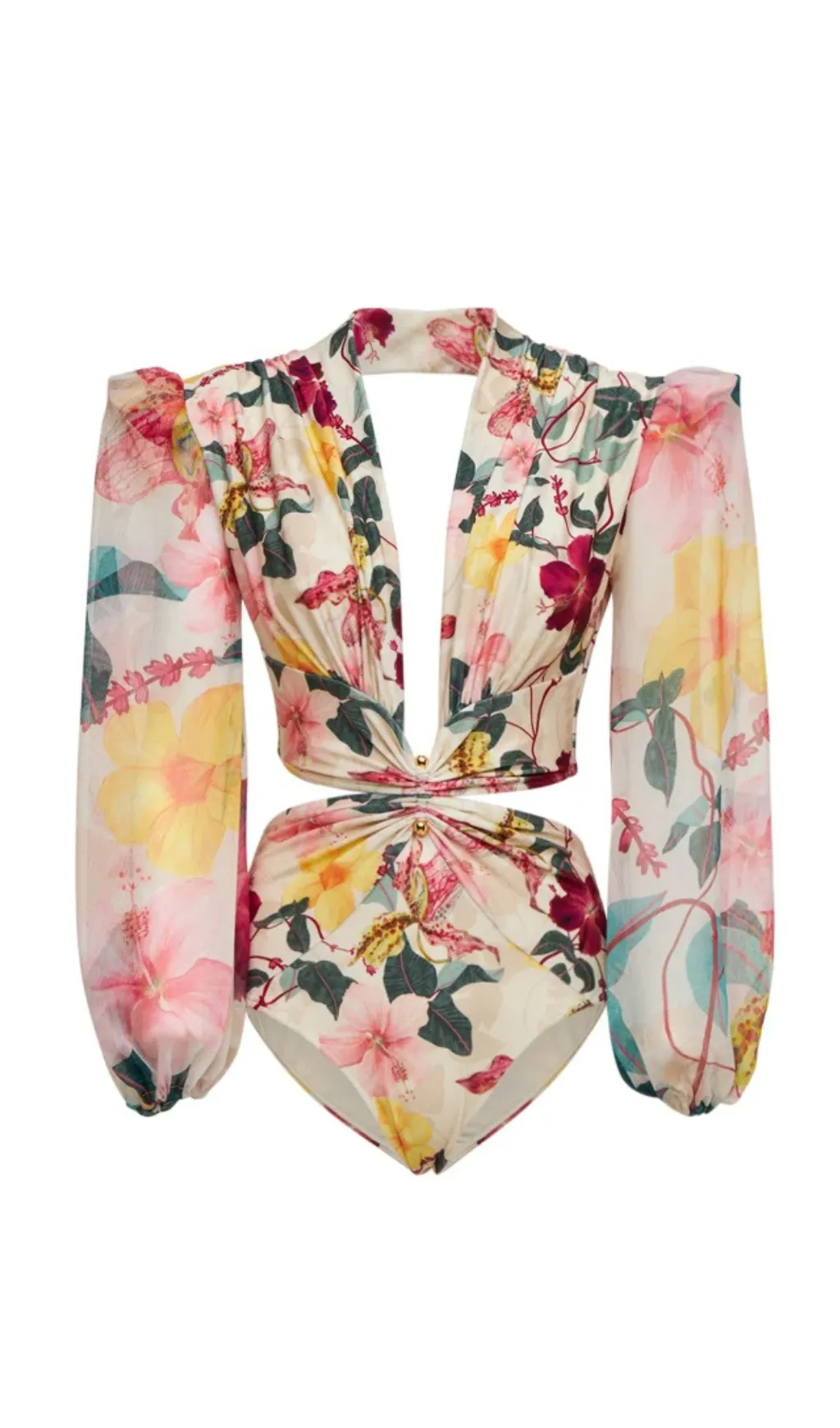 LONG SLEEVE CUTOUT FLORAL PRINT ONE PIECE SWIMSUIT Gloria Lanvin