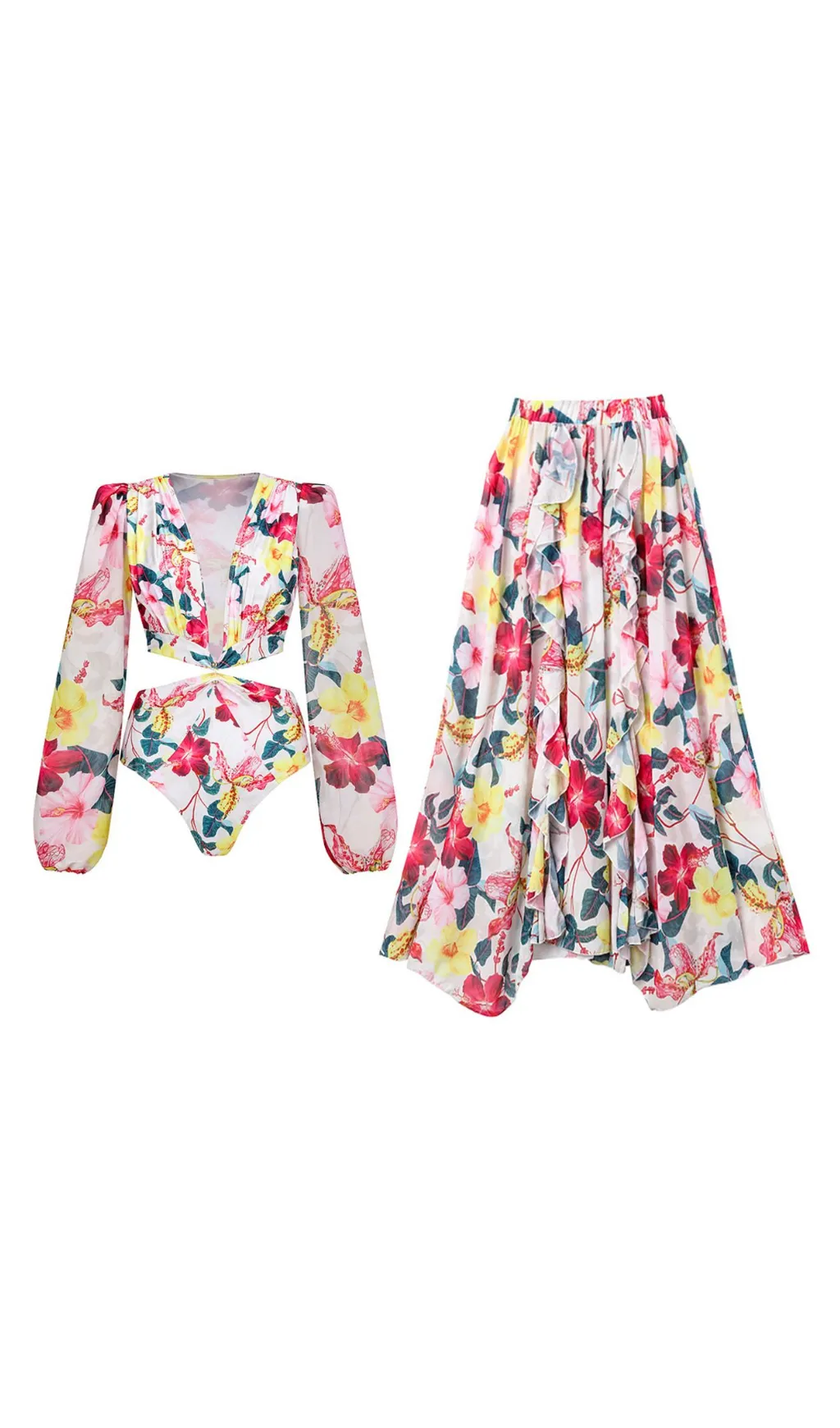 LONG SLEEVE CUTOUT FLORAL PRINT ONE PIECE SWIMSUIT SET Gloria Lanvin
