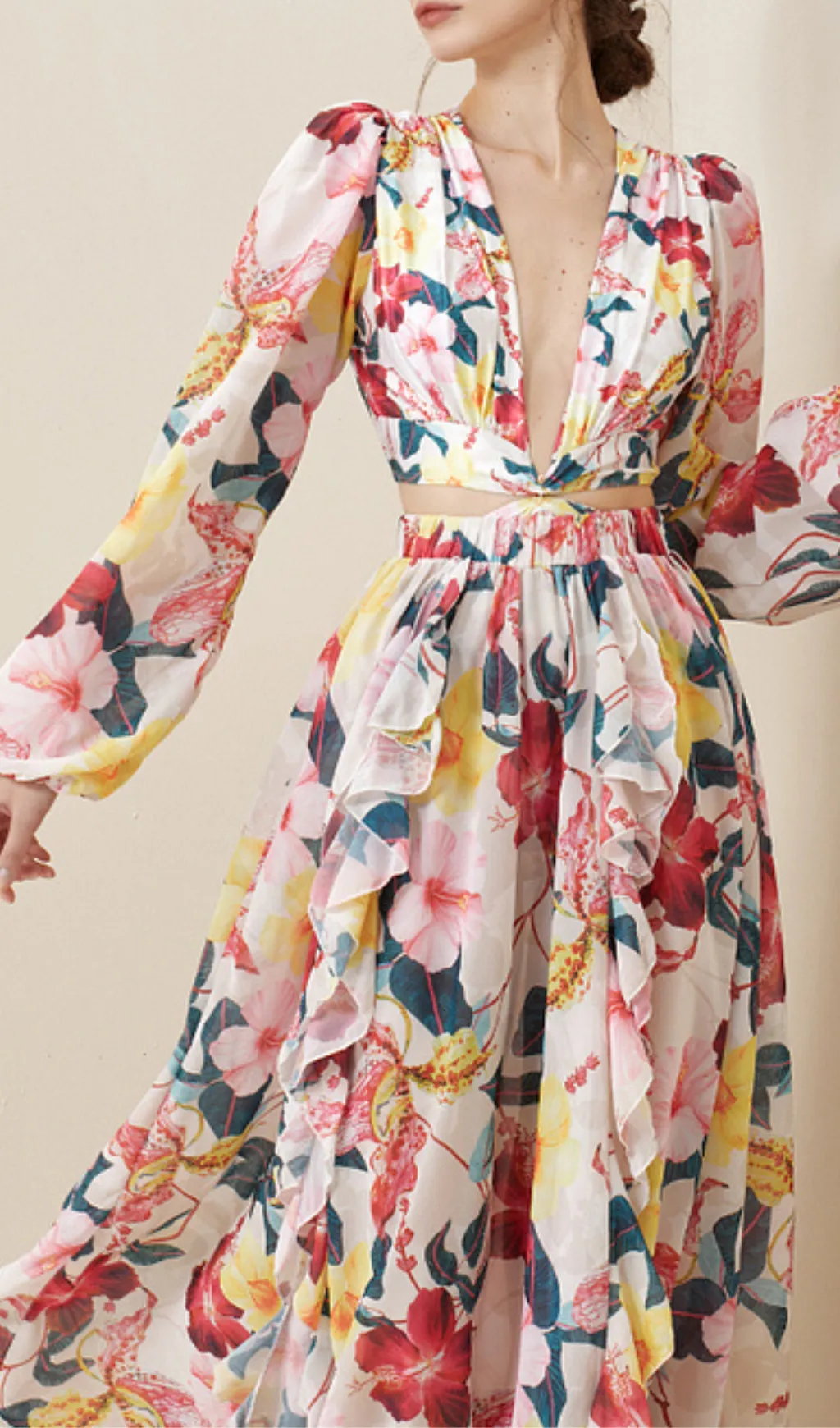 LONG SLEEVE CUTOUT FLORAL PRINT ONE PIECE SWIMSUIT SET Gloria Lanvin