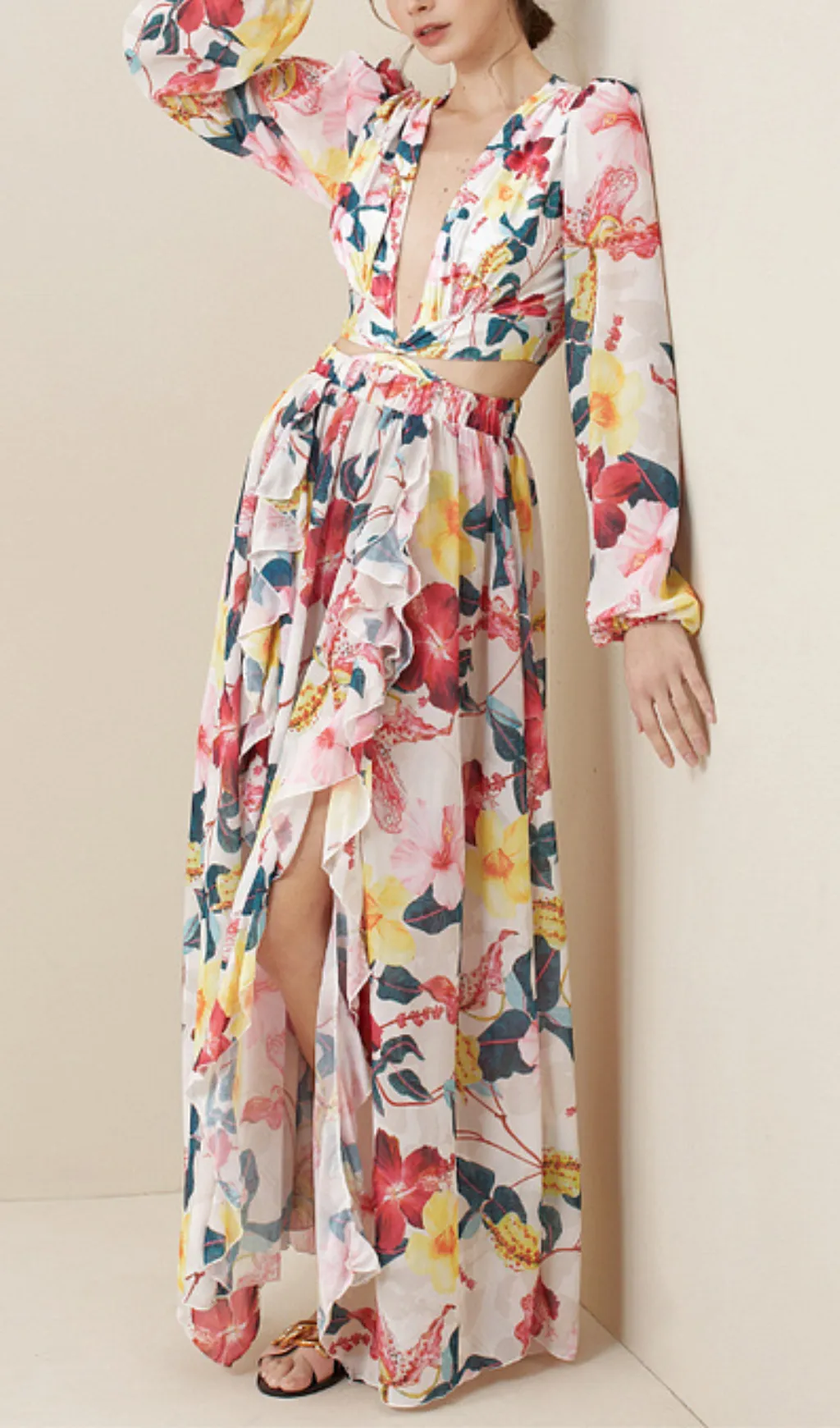 LONG SLEEVE CUTOUT FLORAL PRINT ONE PIECE SWIMSUIT SET Gloria Lanvin