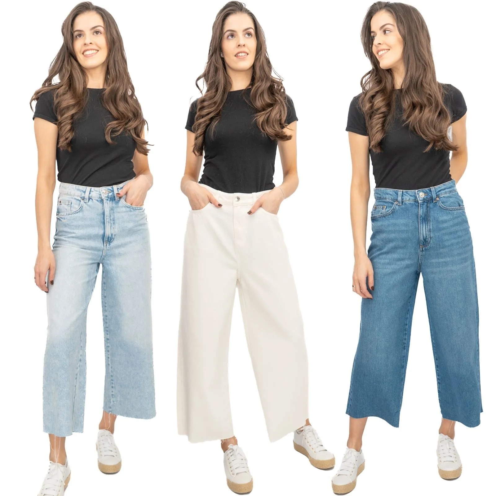 M&S Womens Cropped Jeans Wide Leg High Waist Raw Hem White