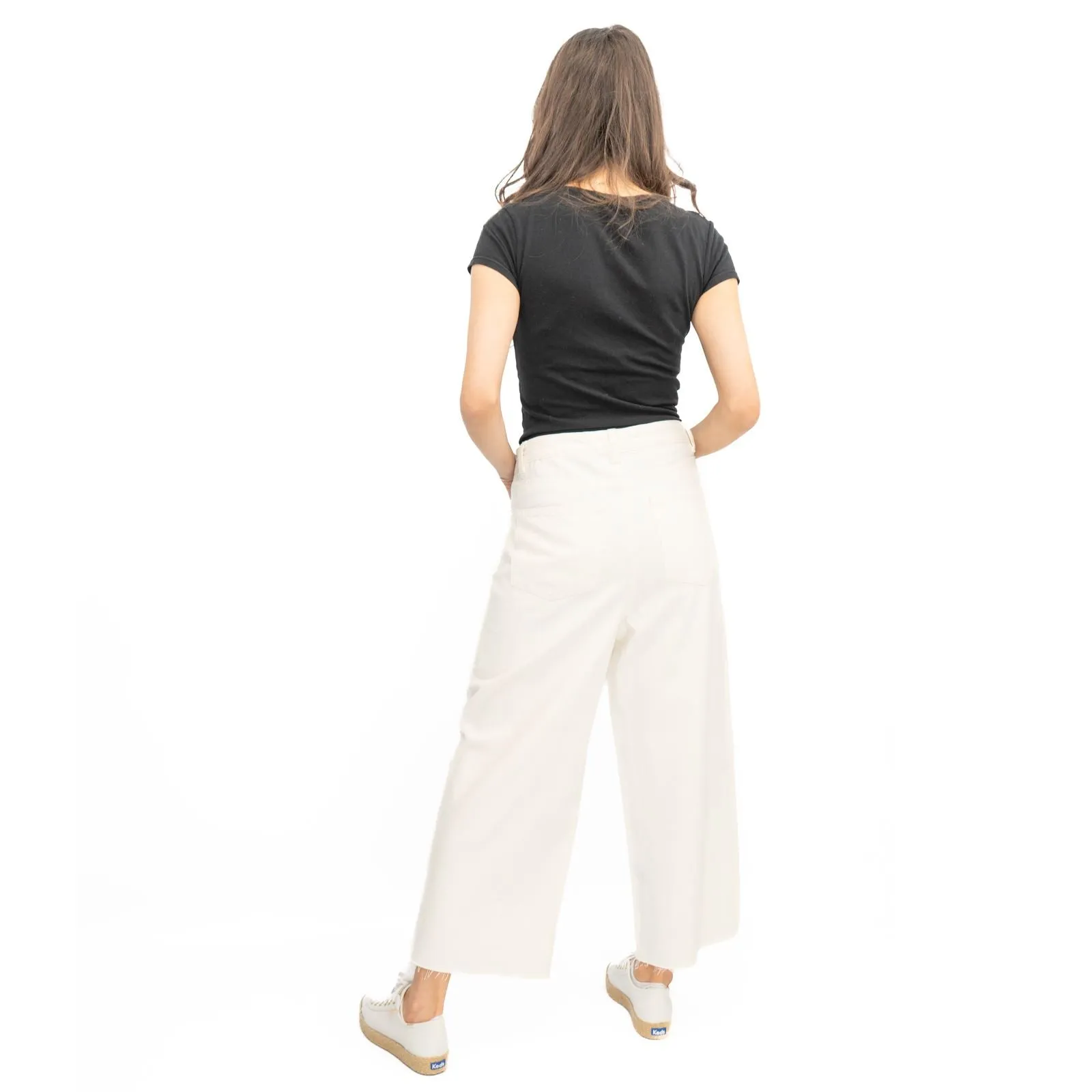 M&S Womens Cropped Jeans Wide Leg High Waist Raw Hem White