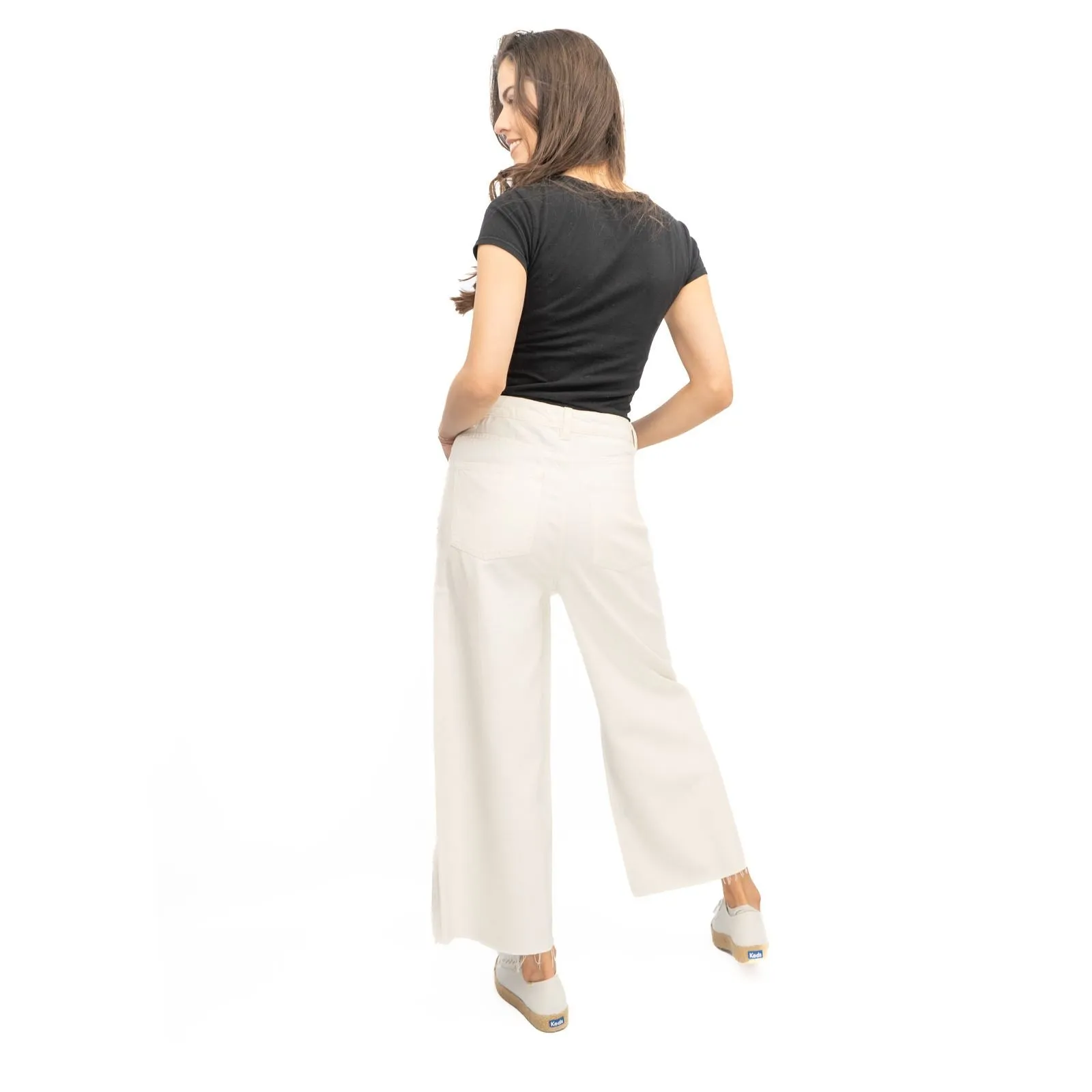 M&S Womens Cropped Jeans Wide Leg High Waist Raw Hem White