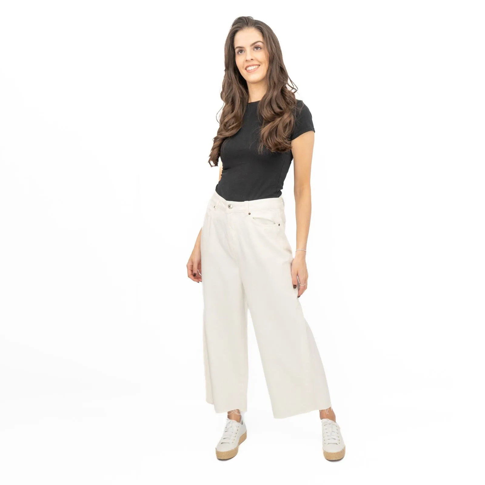 M&S Womens Cropped Jeans Wide Leg High Waist Raw Hem White