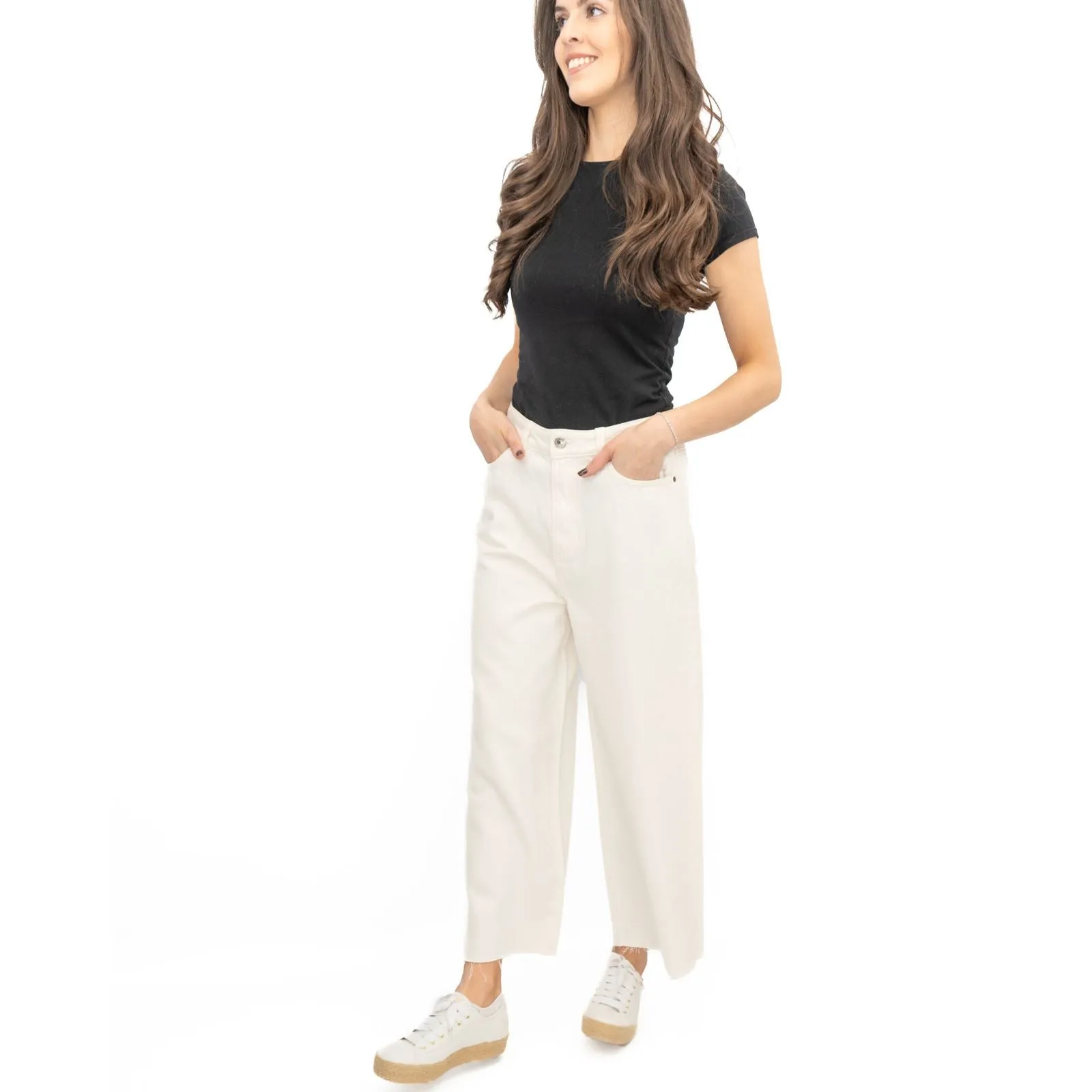 M&S Womens Cropped Jeans Wide Leg High Waist Raw Hem White