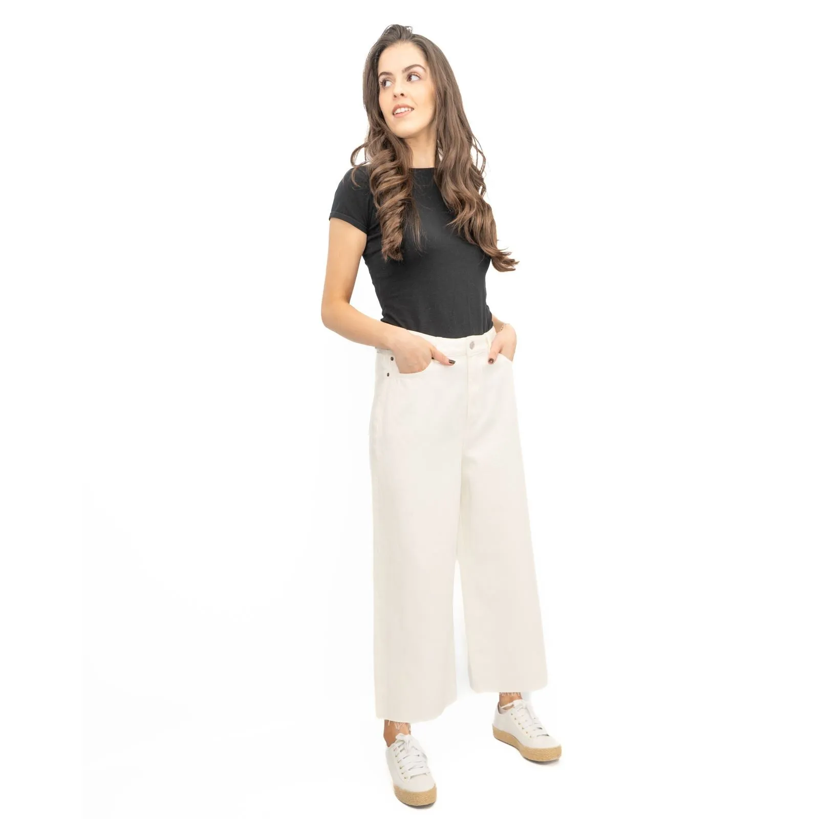 M&S Womens Cropped Jeans Wide Leg High Waist Raw Hem White