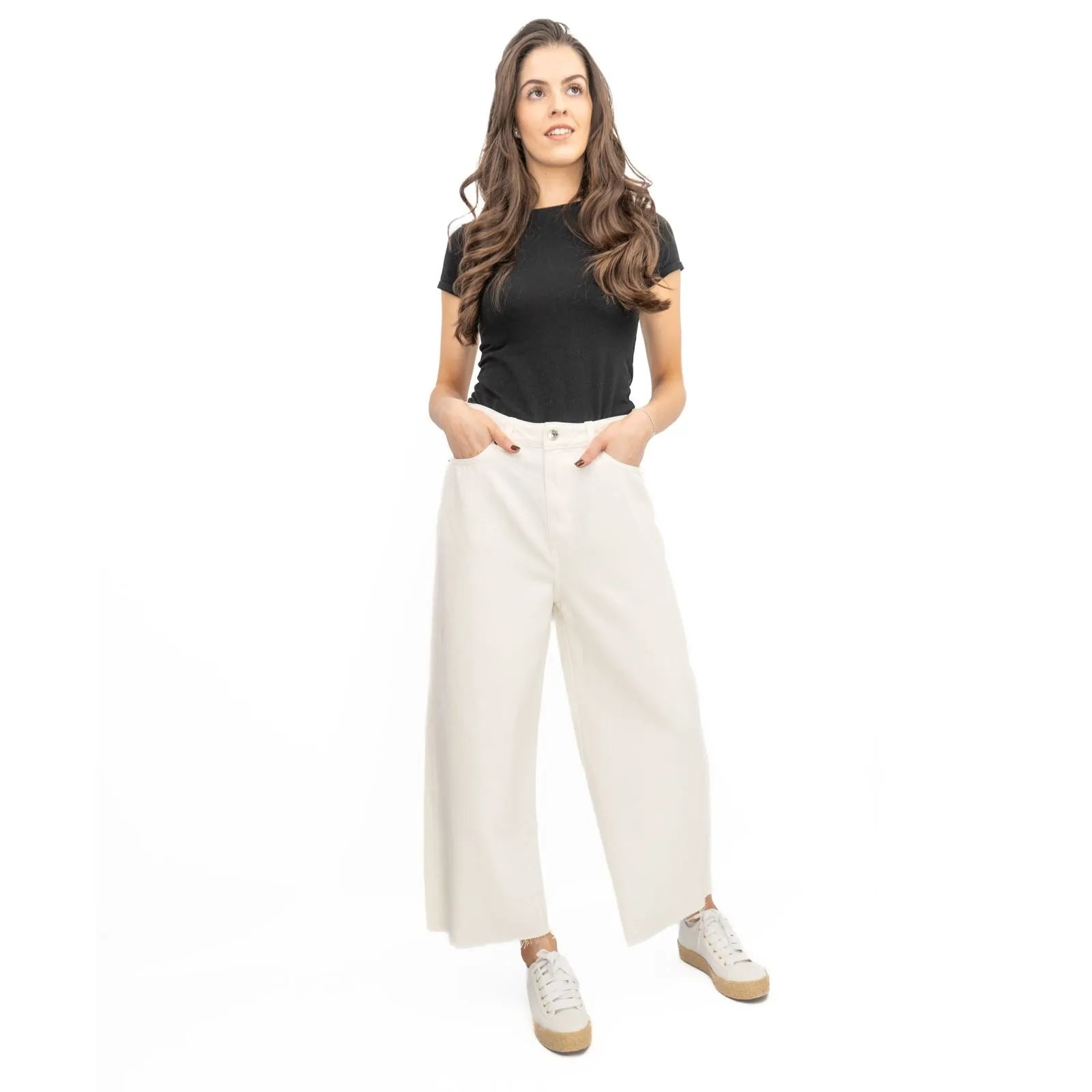 M&S Womens Cropped Jeans Wide Leg High Waist Raw Hem White