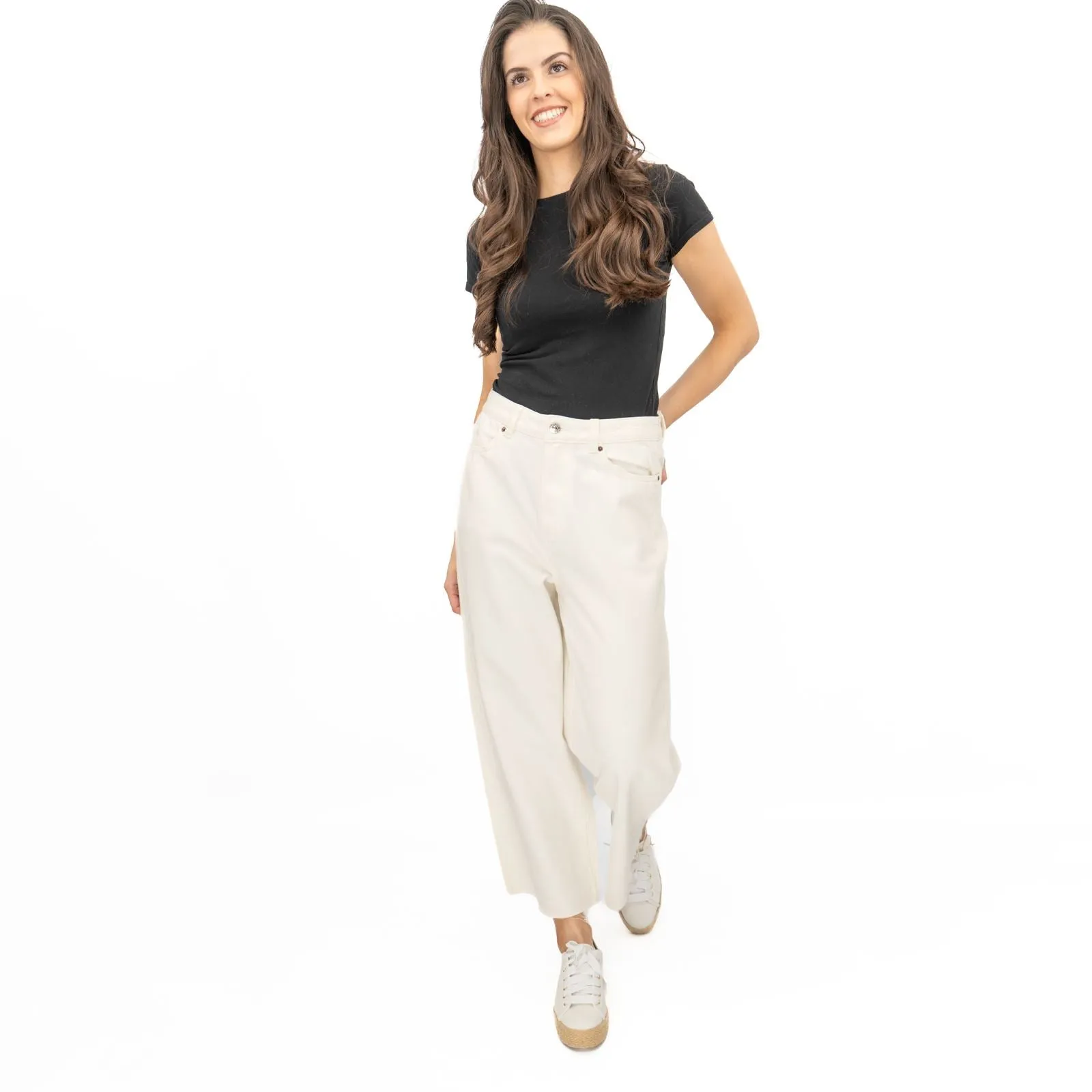 M&S Womens Cropped Jeans Wide Leg High Waist Raw Hem White