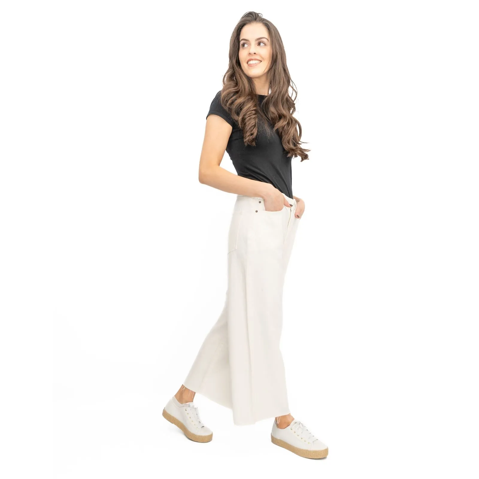 M&S Womens Cropped Jeans Wide Leg High Waist Raw Hem White