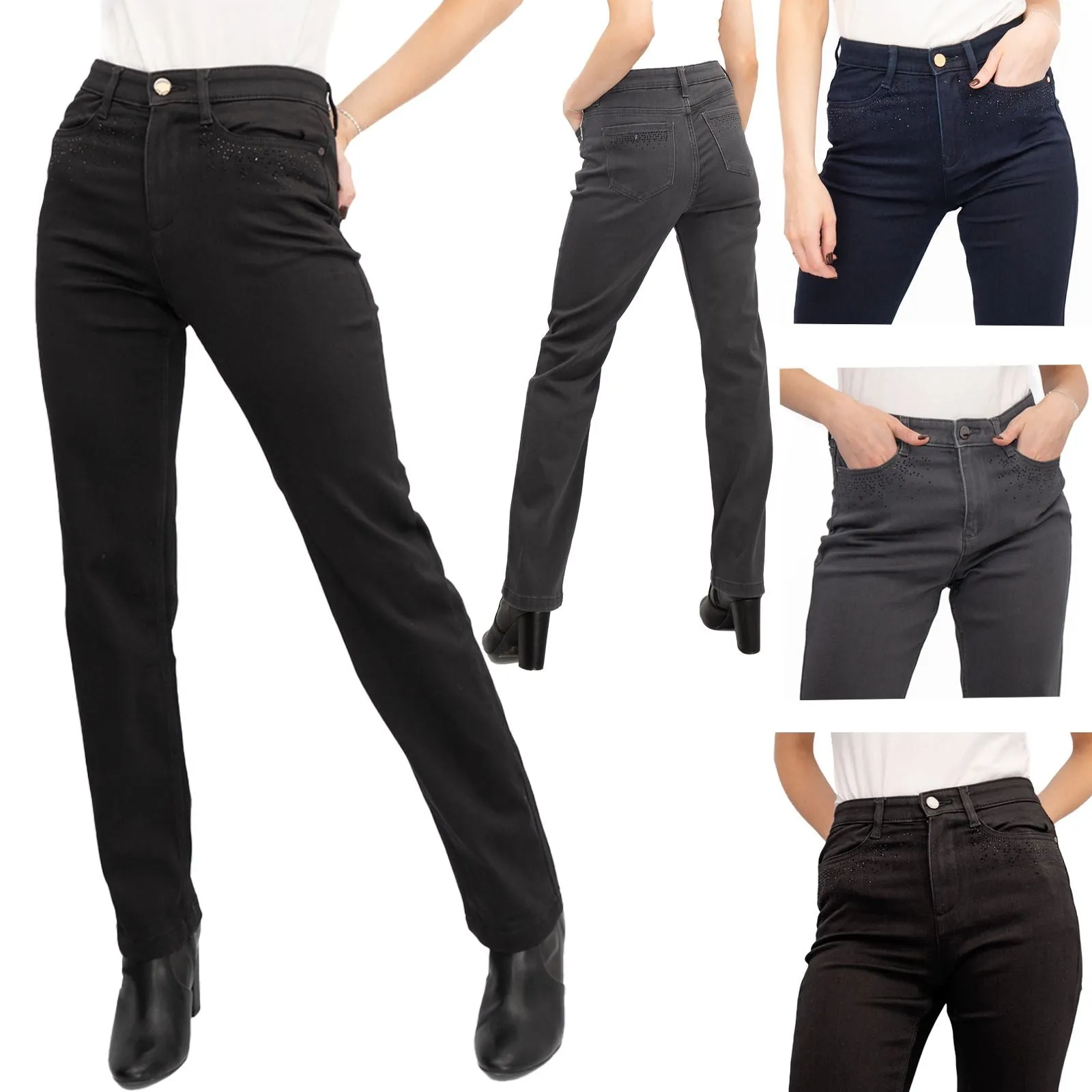 M&S Womens Jeans High Waisted Embellished Sparkle Stretch Straight Leg Black