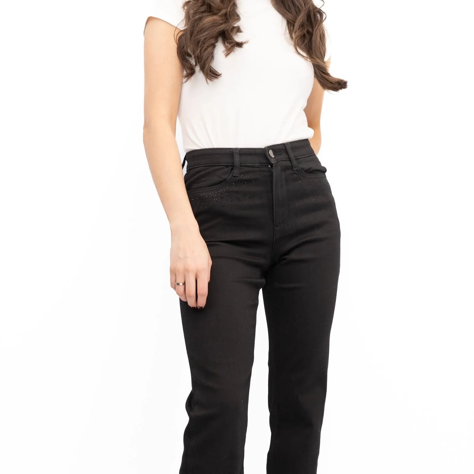 M&S Womens Jeans High Waisted Embellished Sparkle Stretch Straight Leg Black