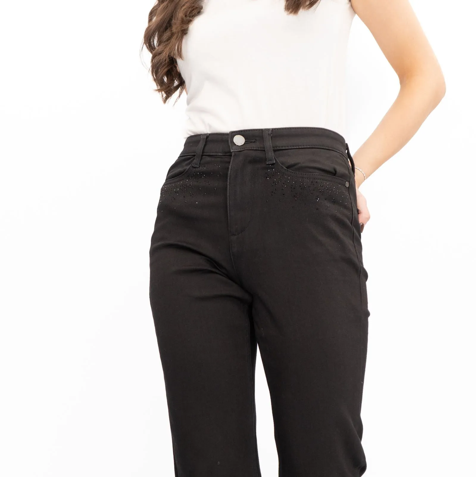 M&S Womens Jeans High Waisted Embellished Sparkle Stretch Straight Leg Black
