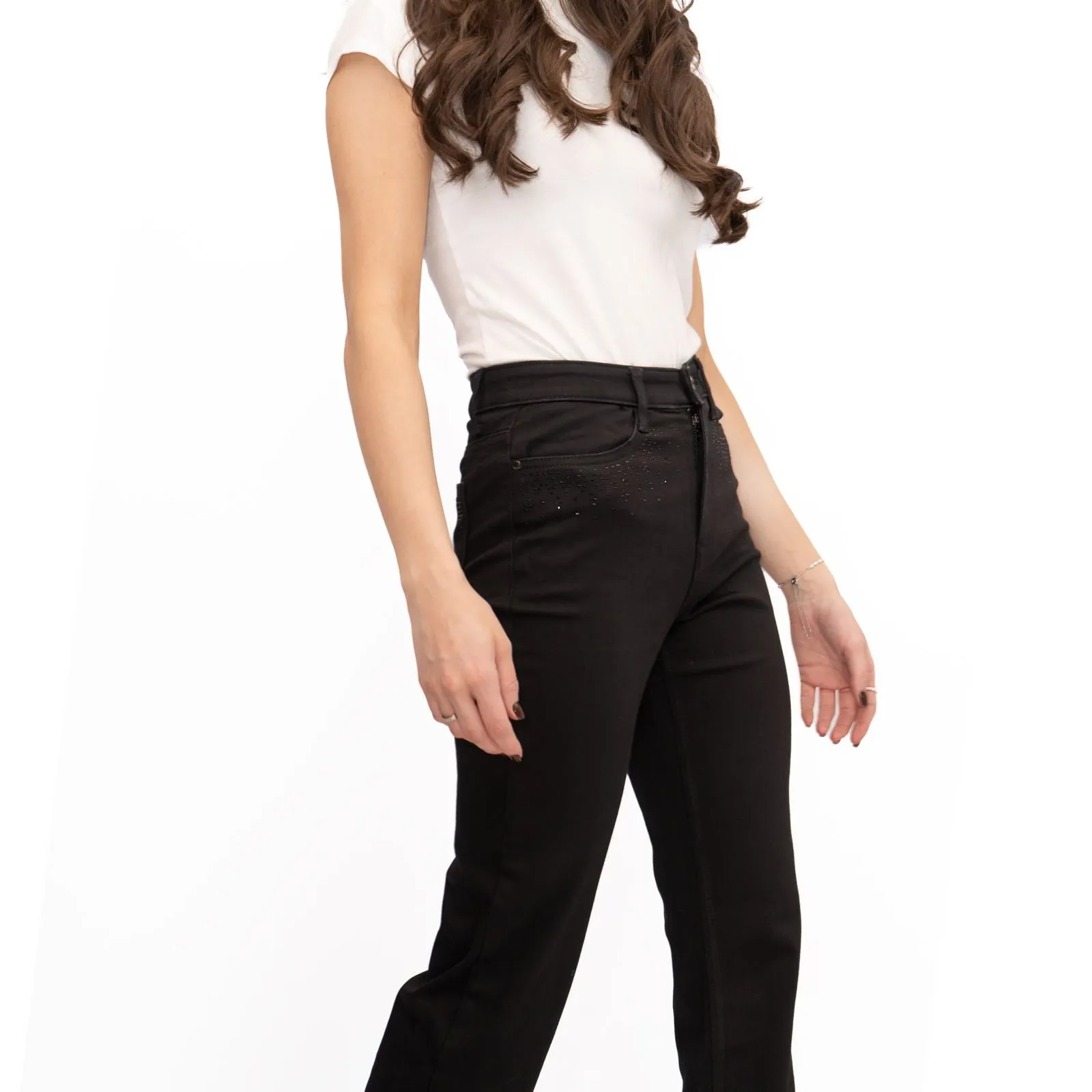 M&S Womens Jeans High Waisted Embellished Sparkle Stretch Straight Leg Black