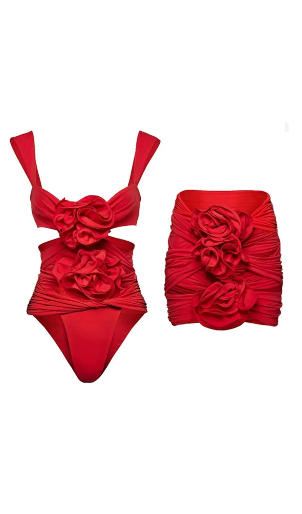 RED 3D FLOWER ONE PIECE SWIMSUIT AND SKIRT Gloria Lanvin