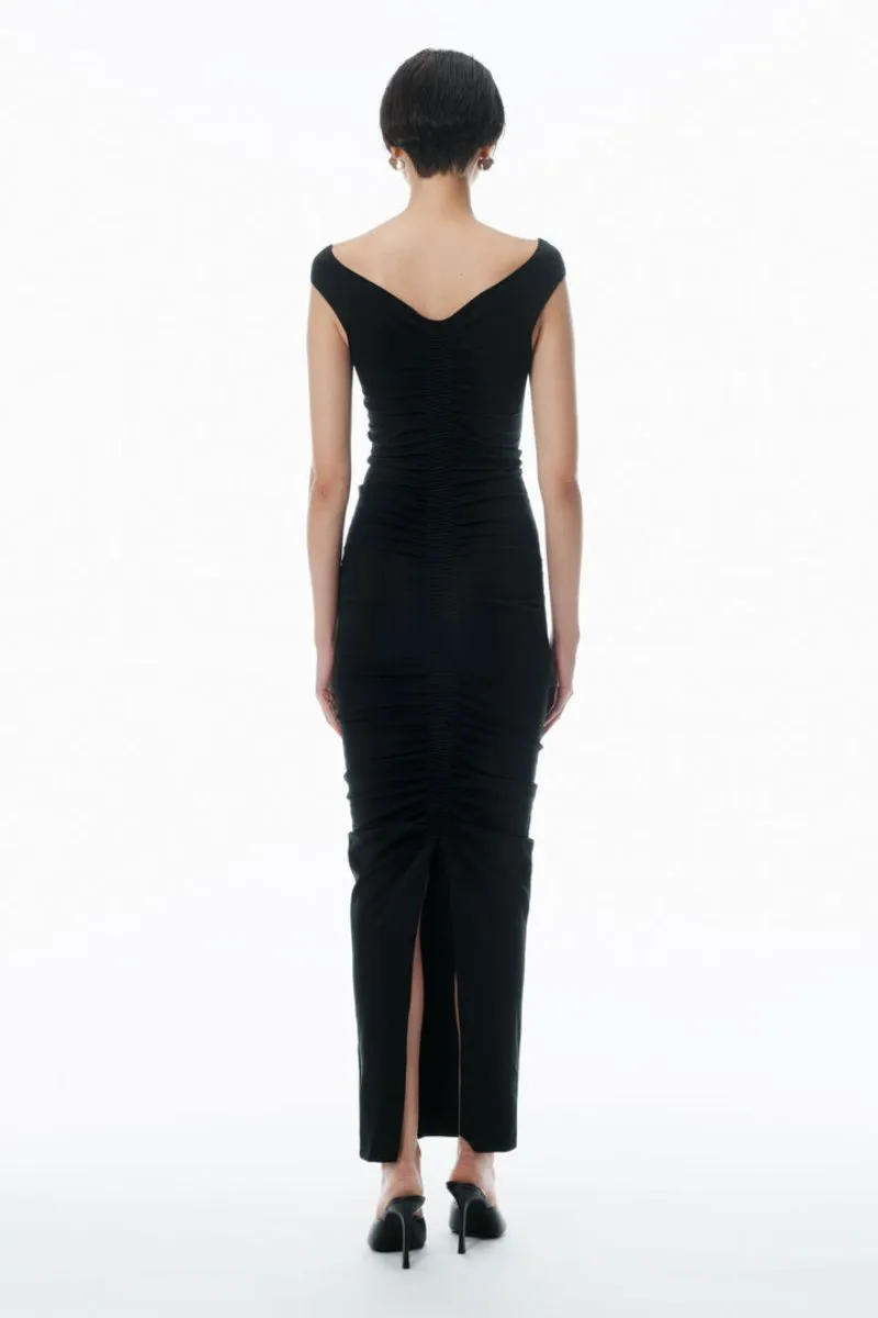 Ruched Wide V-Neck Maxi Dress