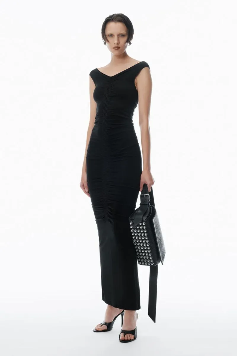 Ruched Wide V-Neck Maxi Dress