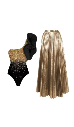 Ruffle Shiny Printed One Shoulder One Piece Swimsuit and Skirt Gloria Lanvin