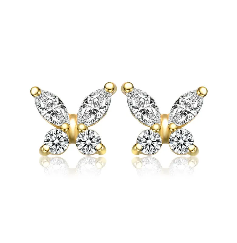 Sterling Silver 14k Gold Plated with Marquise Cubic Zirconia Flower Butterfly Stud Earrings for Kids