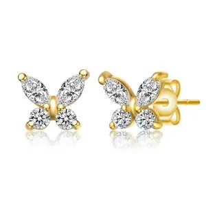 Sterling Silver 14k Gold Plated with Marquise Cubic Zirconia Flower Butterfly Stud Earrings for Kids