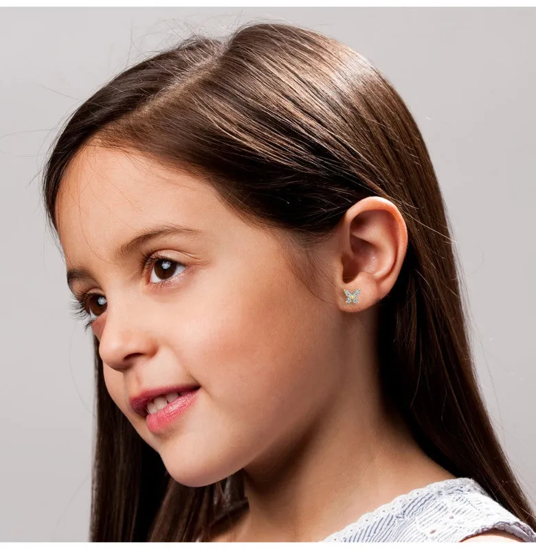 Sterling Silver 14k Gold Plated with Marquise Cubic Zirconia Flower Butterfly Stud Earrings for Kids