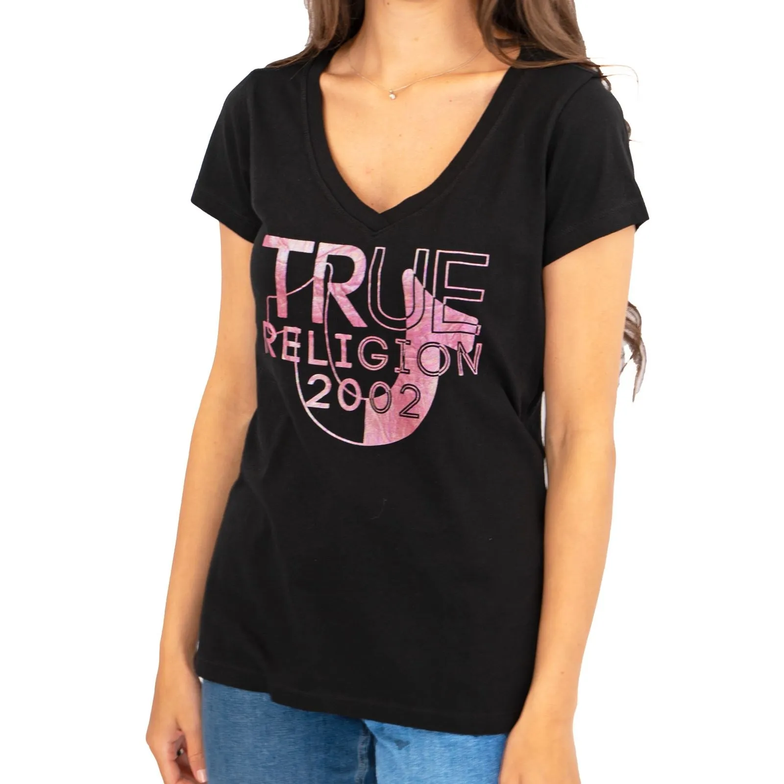 True Religion Womens Black Top T-Shirt Short Sleeve V-Neck