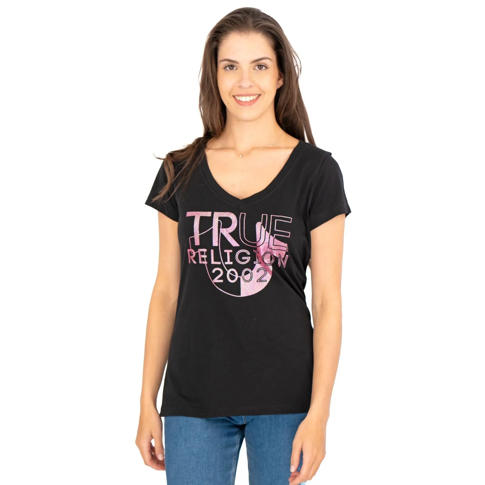 True Religion Womens Black Top T-Shirt Short Sleeve V-Neck