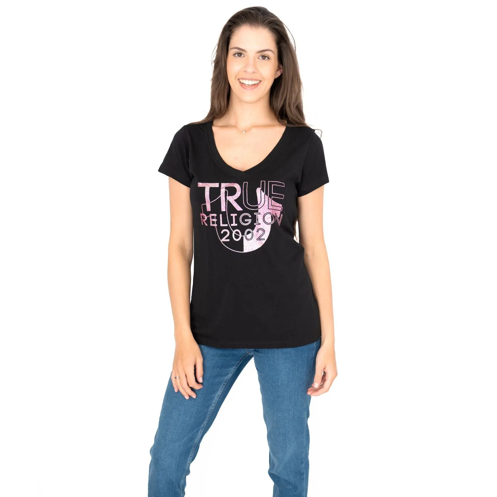 True Religion Womens Black Top T-Shirt Short Sleeve V-Neck