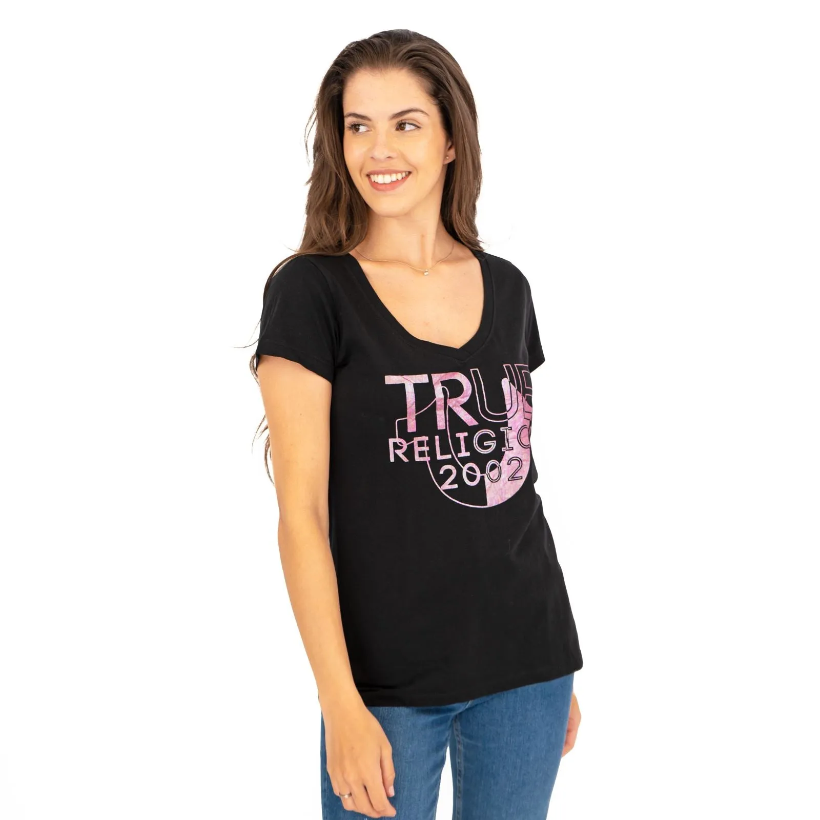 True Religion Womens Black Top T-Shirt Short Sleeve V-Neck