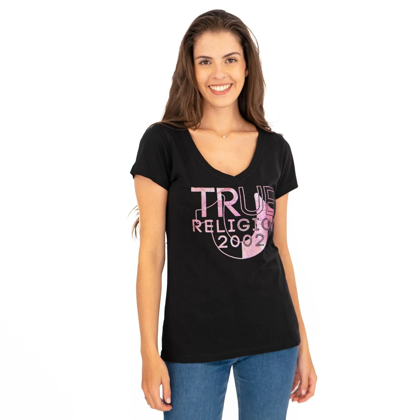True Religion Womens Black Top T-Shirt Short Sleeve V-Neck