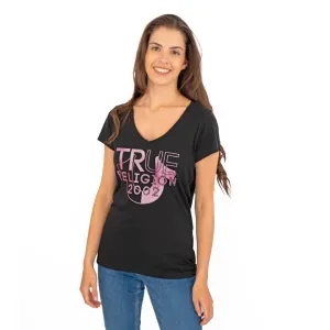 True Religion Womens Black Top T-Shirt Short Sleeve V-Neck