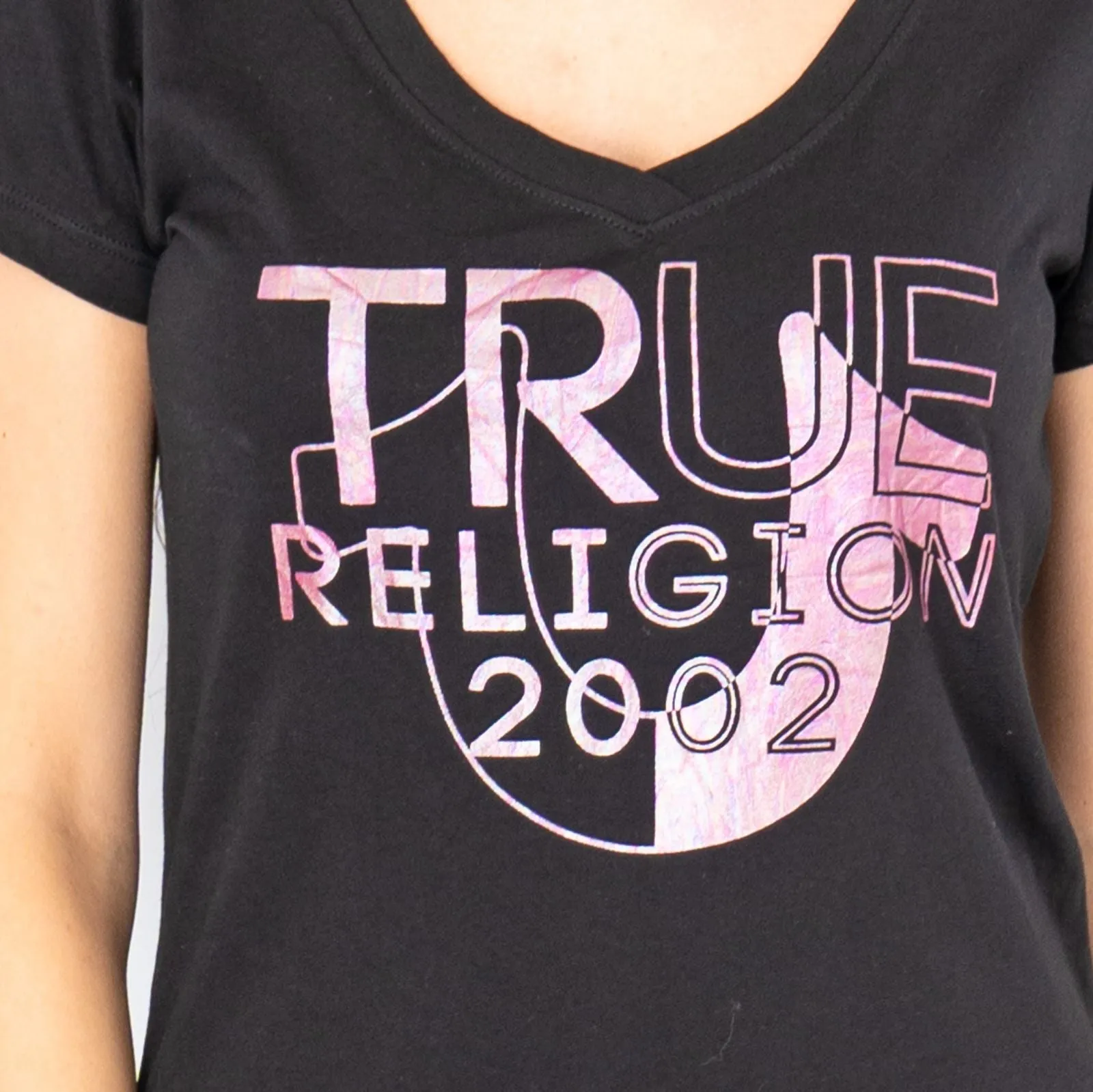 True Religion Womens Black Top T-Shirt Short Sleeve V-Neck